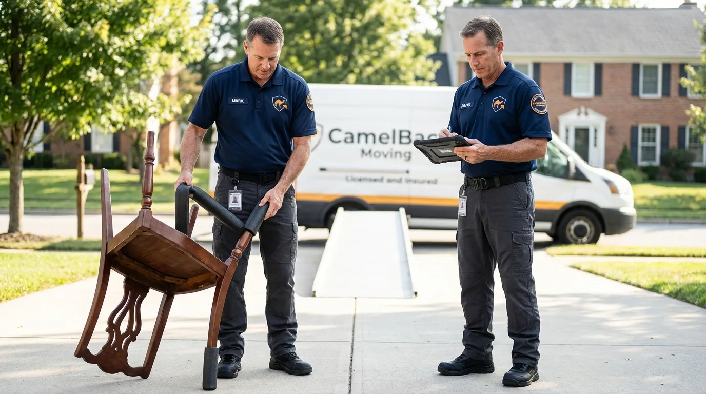 Movers inspecting furniture for damage prevention before loading in Bothell, WA