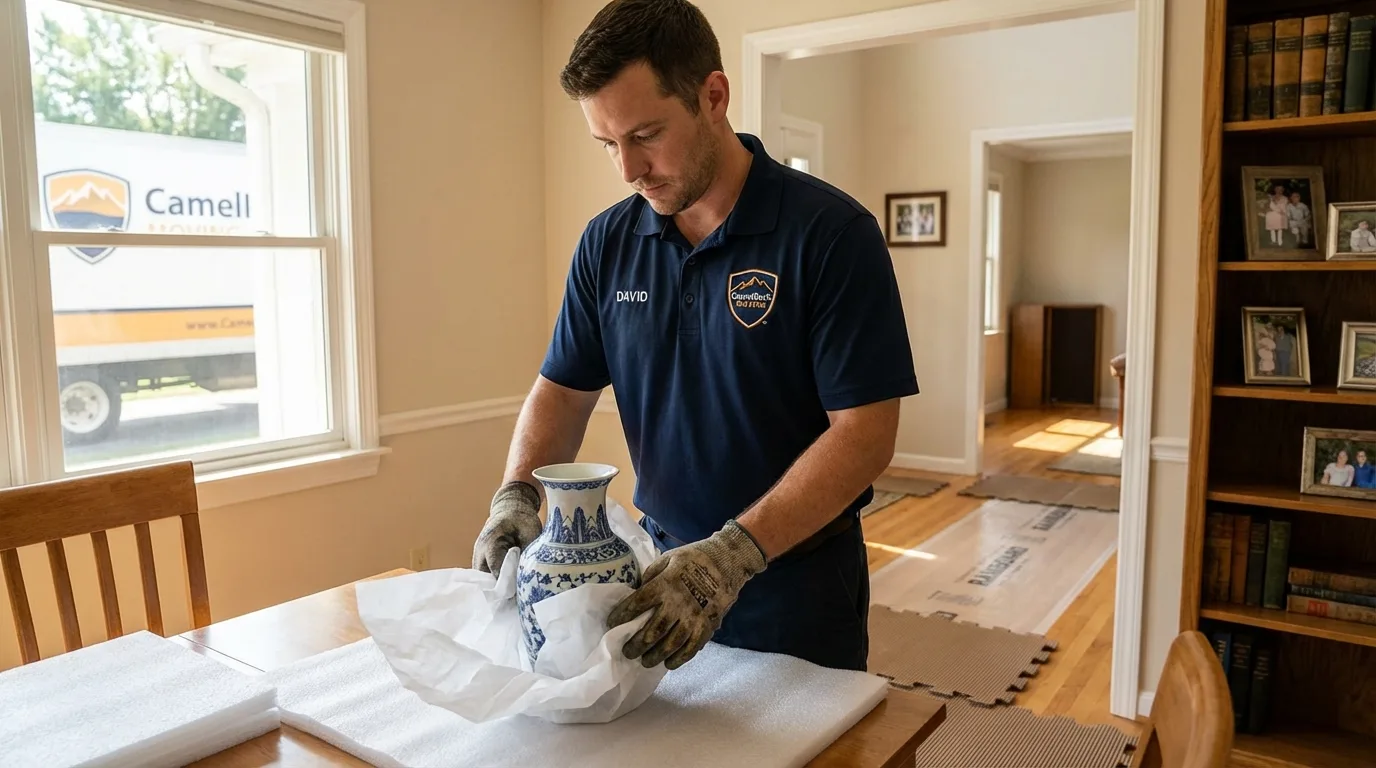 Professional crew carefully wrapping antique vase for senior downsizing move in Bothell, WA